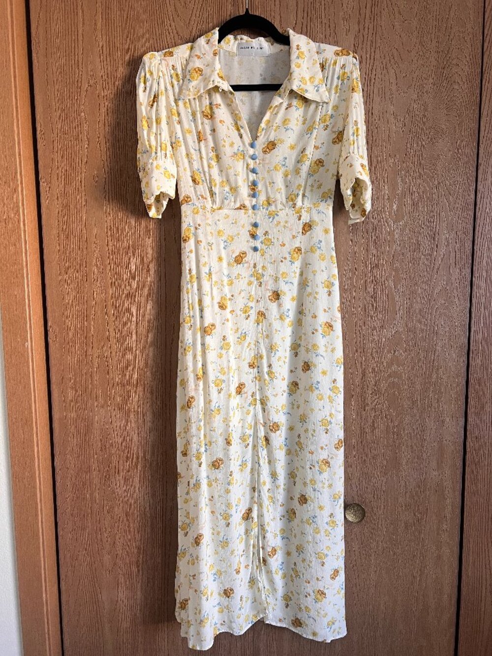 Made by DINT Yellow Floral Button Front Puff Sleeve Dress Free Size F